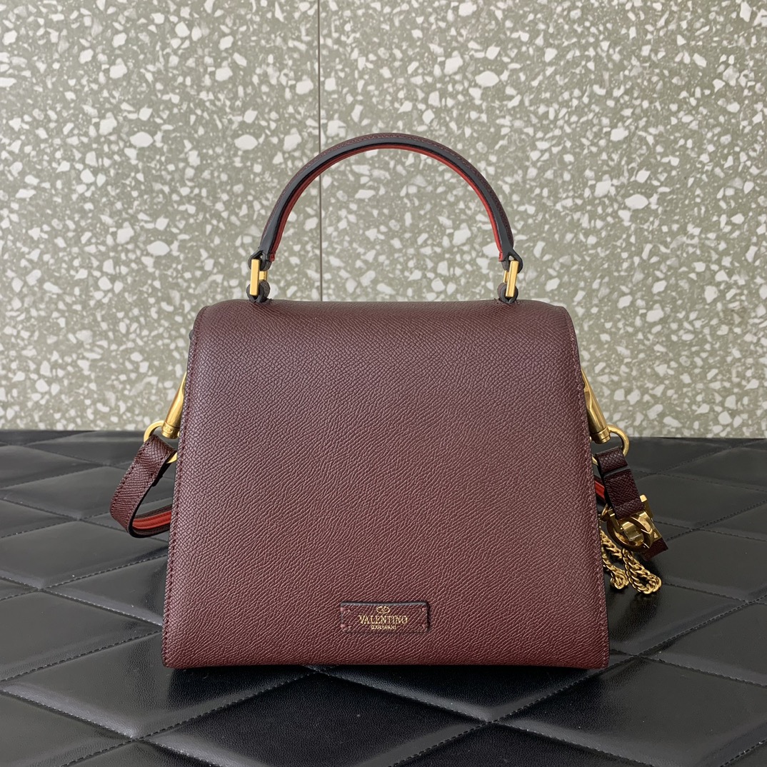 Valentino Garavani Vsling Small Handbag in Burgundy Grainy Calfskin 